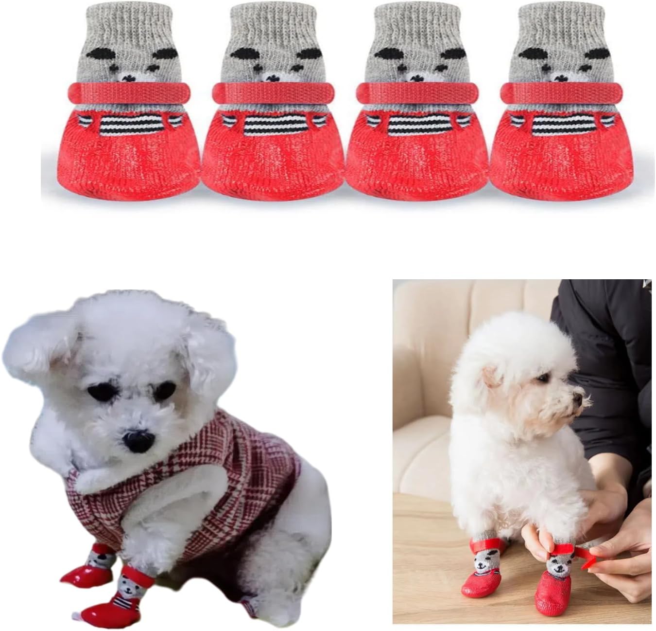 Waterproof Dog Shoes, Non-Slip Dog Socks, Hardwood Floor Paw Protectors, Socks to Prevent Paw Licking, Pet Socks, Indoor and Outdoor Lace-Up Dog Socks for Small Dogs Size M (Red) Prime